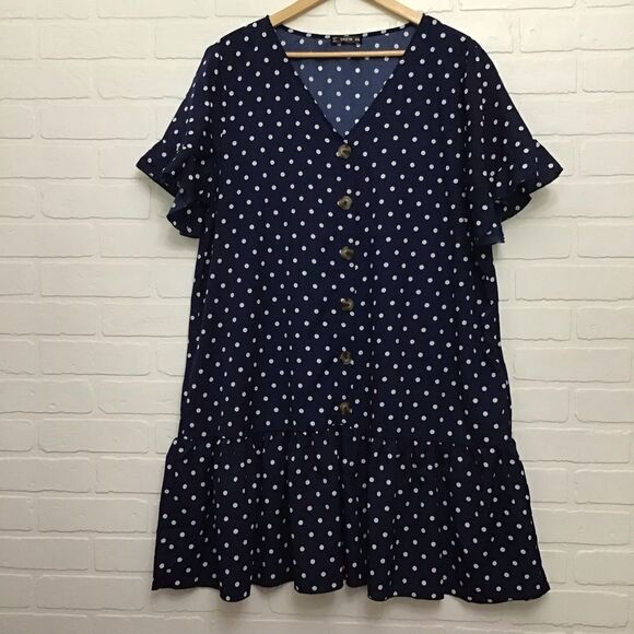 Shein 2XL Polka Dots Dress Navy Blue Plus Size lightweight woven button up v nec - Picture 11 of 11